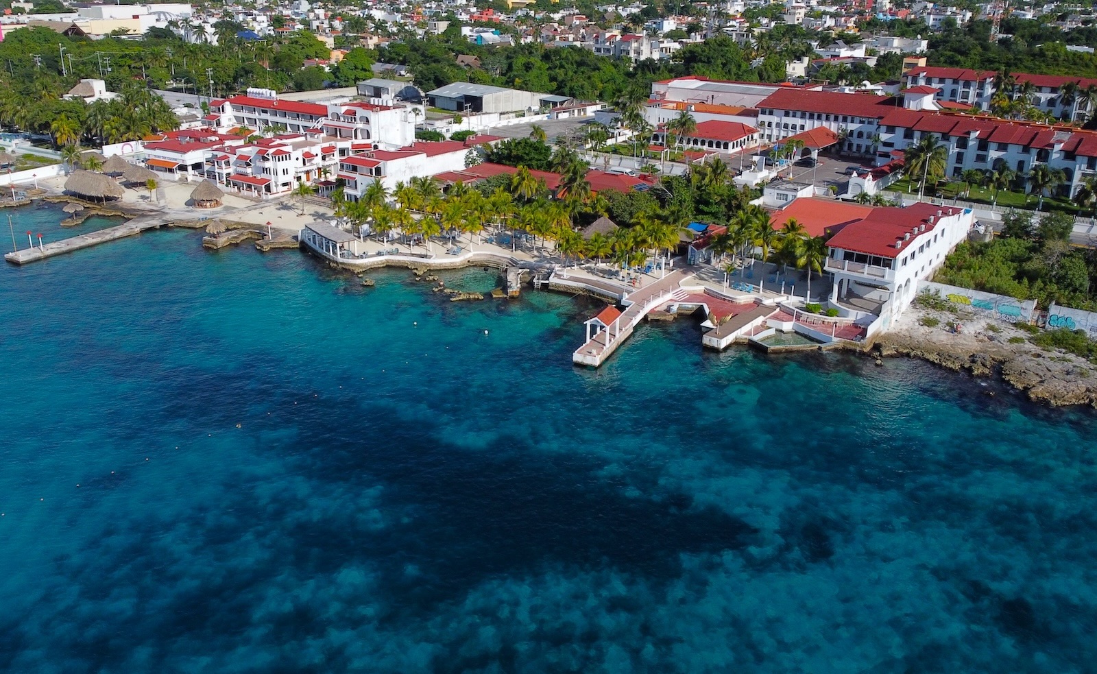 Aerial of Cozumel's downtown waterfront