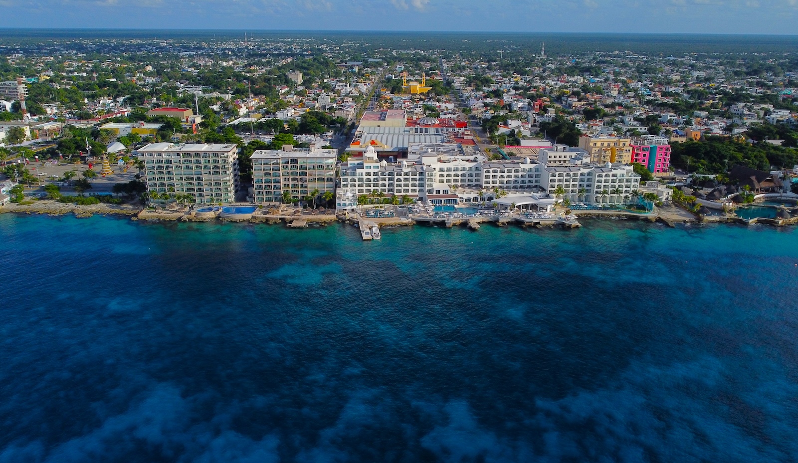 Aerial view of Cozumel meeting the Caribbean sea